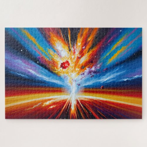 Retro red and orange random explosion in universe jigsaw puzzle