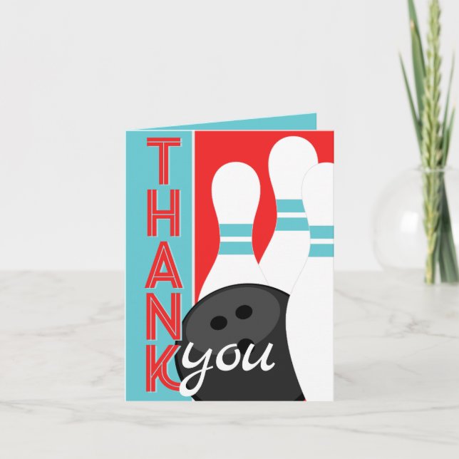 Retro Red and Teal Blue Bowling Thank You Cards (Front)