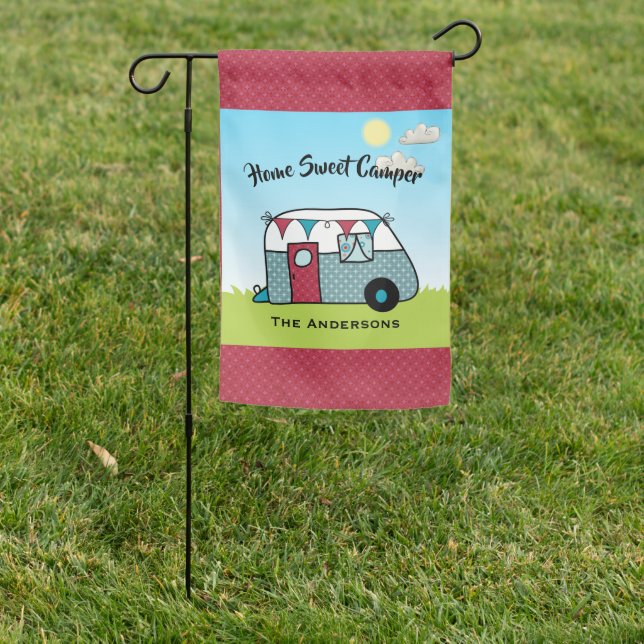 Retro Red and Teal Camper Garden Flag (In SItu)