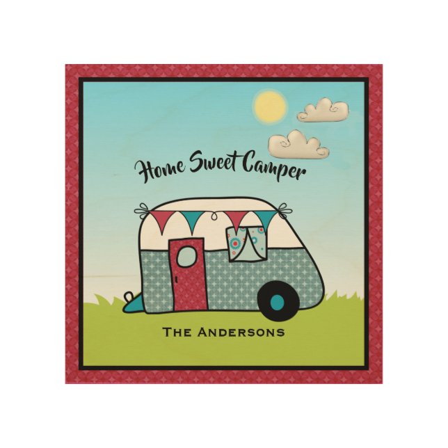 Retro Red and Teal Camper Wood Wall Art (Front)
