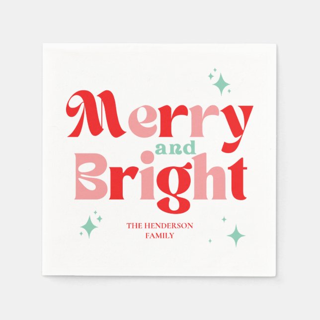 Retro Red and Teal Merry and Bright Christmas Napkins (Front)
