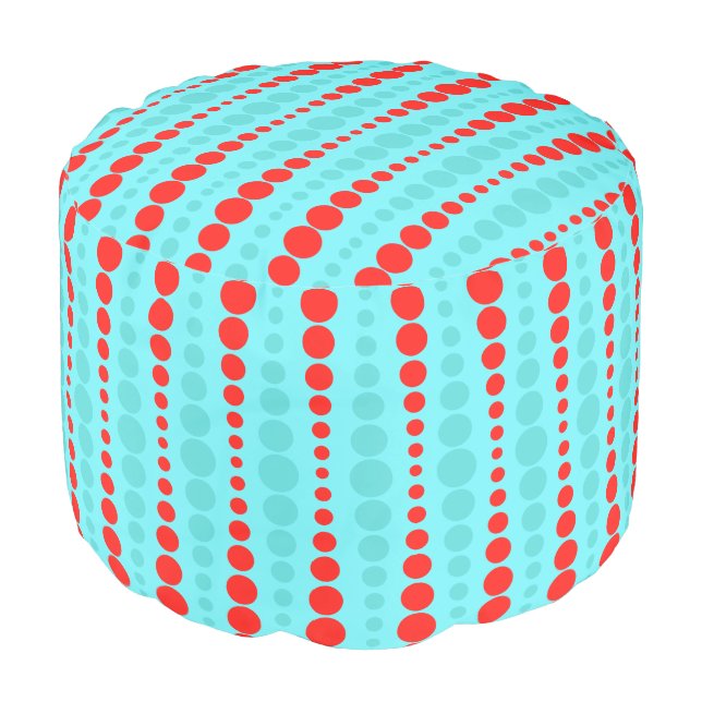 Retro Red and Turquoise Dots Round Pouf (Angled Front)