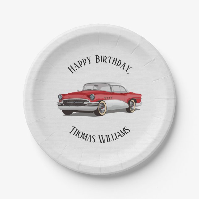 Retro Red and White Buick birthday party Paper Plates (Front)