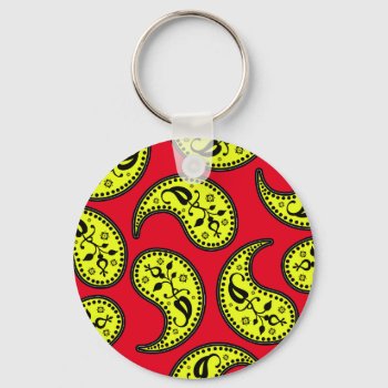 Retro Red And Yellow Paisleys Keychain by macdesigns2 at Zazzle