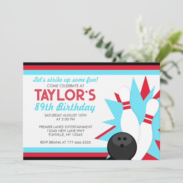 Retro Red & Aqua Blue Bowling Party Invitation (Standing Front)