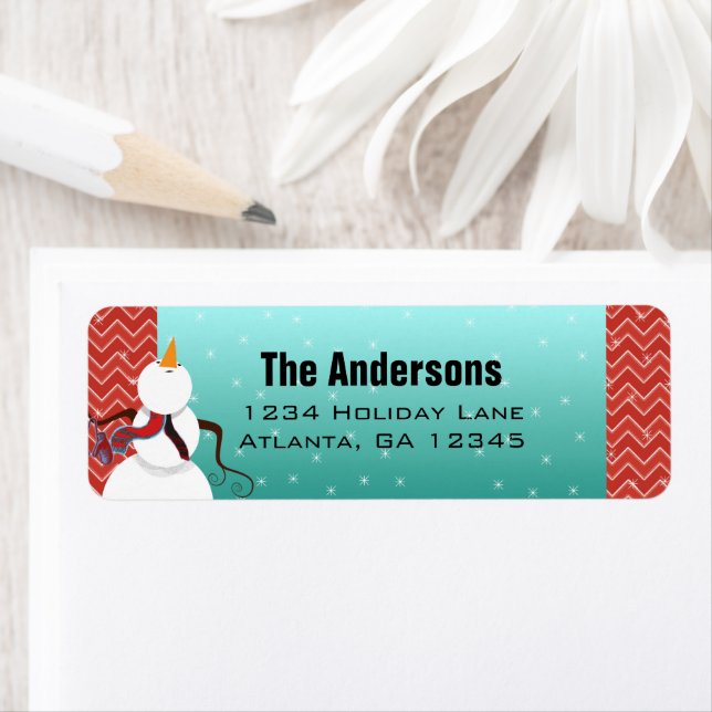 Retro Red Aqua Christmas Snowman Looking Up Stars Label (Insitu)