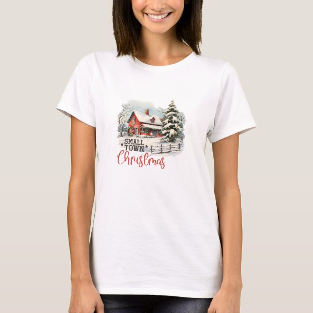 Retro red barn small town Christmas scene cozy T-Shirt (Front)
