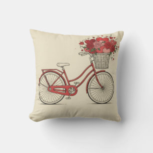 Retro Red Bicycle with Roses and Hearts Floral Art Throw Pillow