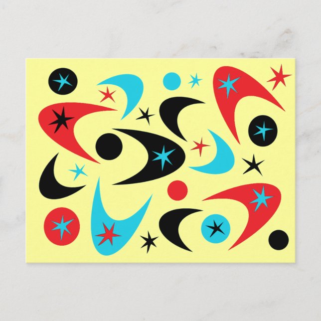 Retro Red Black & Aqua Starburst Boomerang Postcard (Front)