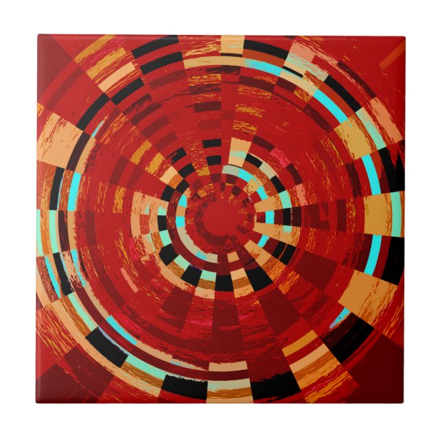 Retro Red Black Blue Yellow Brown Circular Pattern Ceramic Tile (Front)