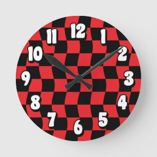 Retro Red Black Wavy Checker Pattern Round Clock