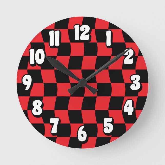Retro Red Black Wavy Checker Pattern Round Clock (Front)