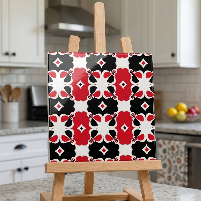 Retro Red Black White Geometric Floral Pattern Ceramic Tile (Creator Uploaded)