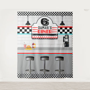 Retro Red Blue Checkerboard Diner Counter Backdrop
