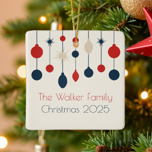 Retro Red Blue Custom 2025 Family Christmas Ceramic Ornament