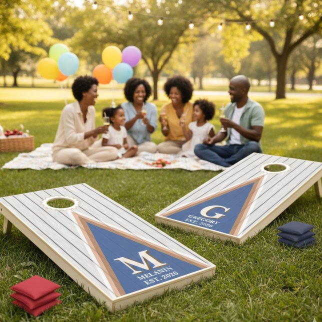 Retro Red & Blue Family Monogram Cornhole Set (Custom Rustic Wooden Cornhole Set with Monogram)