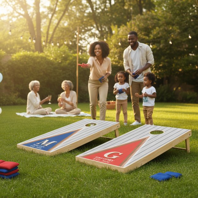 Retro Red & Blue Family Monogram Cornhole Set (Custom Rustic Wooden Cornhole Set with Monogram)