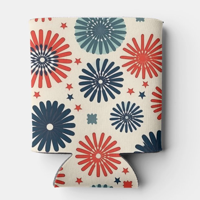 Retro Red Blue Flowers 4th of July Party Can Cooler (Back)