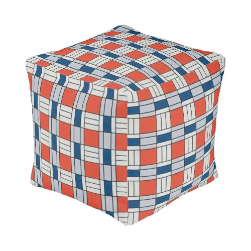 Retro Red Blue Grey Geometric Pattern Pouf