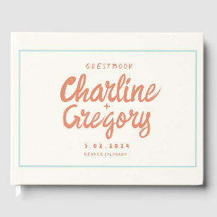 Retro Red blue Handwriting Wedding Guest Book