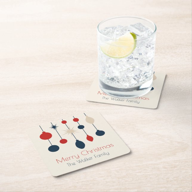 Retro Red Blue Ornaments Christmas Party Square Paper Coaster (Insitu)