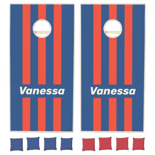 Retro Red &amp; Blue Three Pin Striped with Name Cornhole Set