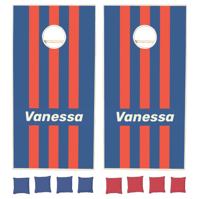 Retro Red & Blue Three Pin Striped with Name Cornhole Set (Set)