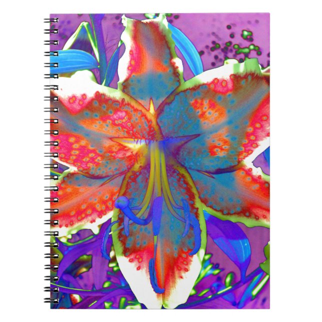 Retro red blue tropical floral tiger Lily Notebook (Front)