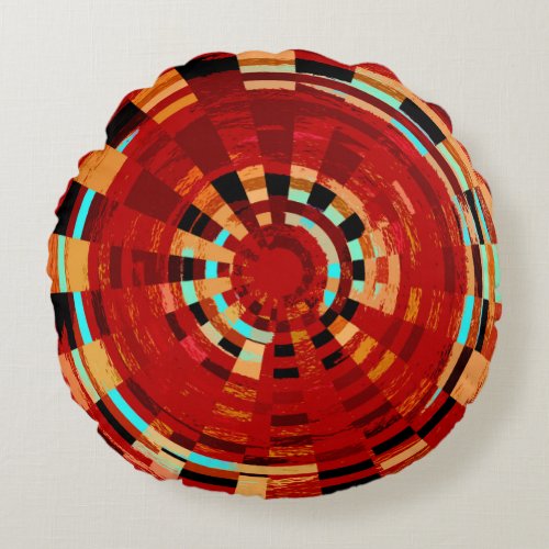 Retro Red Blue Yellow Circular Pattern Round Pillow