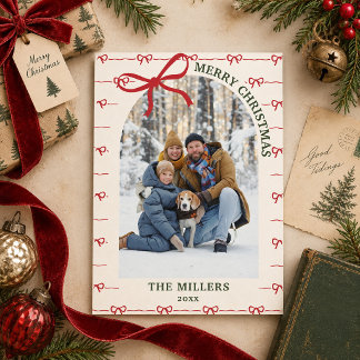 Retro Red Bow Photo Merry Christmas Card