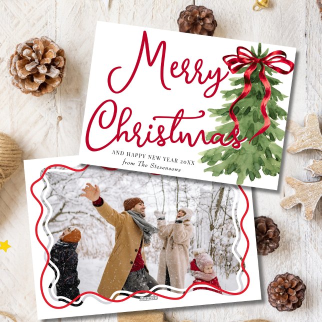 Retro Red Bow Pine Squiggle Frame Photo Christmas Holiday Card (Creator Uploaded)