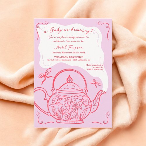 Retro red bows teapot baby is brewing Baby shower Invitation
