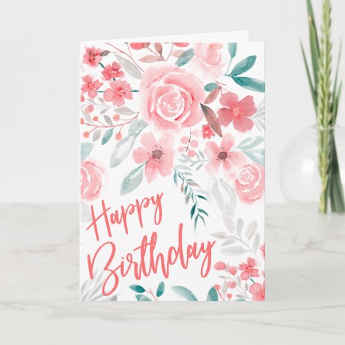 Retro red brown floral watercolor happy birthday card