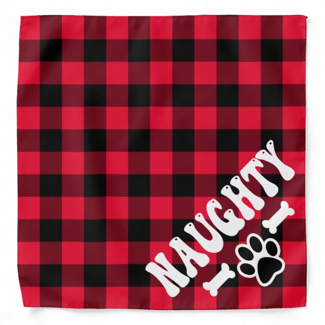 Retro Red Buffalo Plaid Naughty Christmas Dog Bandana (Front)