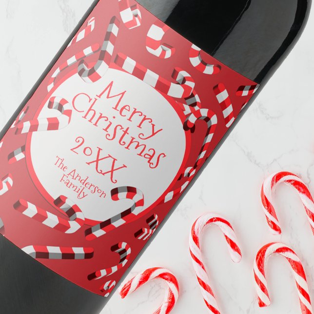 Retro Red Candy Cane Family Holiday Party Favor Wine Label (Creator Uploaded)