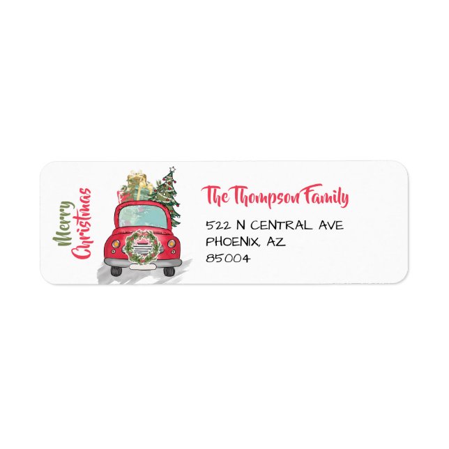 Retro Red Car and Christmas Tree Holiday Address Label (Front)