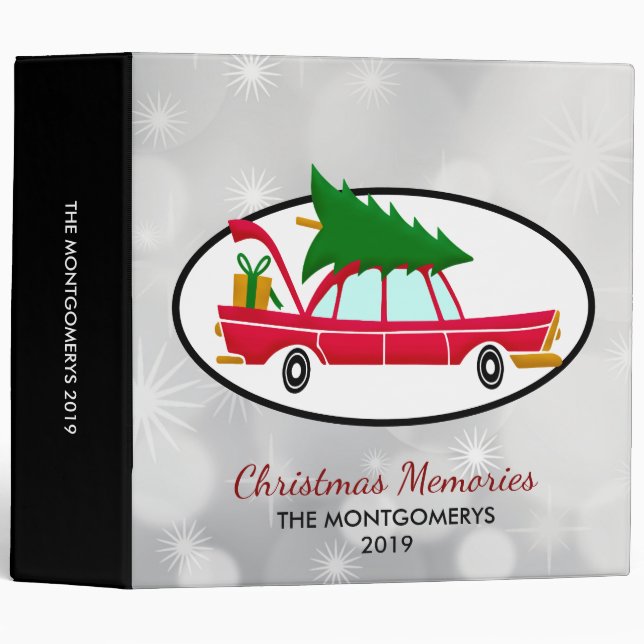 Retro Red Car Carrying a Christmas Tree 3 Ring Binder (Front/Spine)