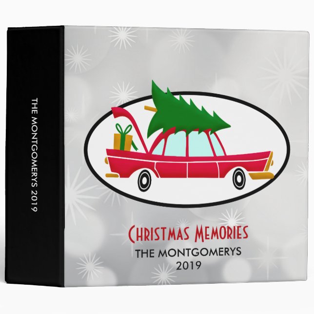 Retro Red Car Carrying a Christmas Tree 3 Ring Binder (Front/Spine)