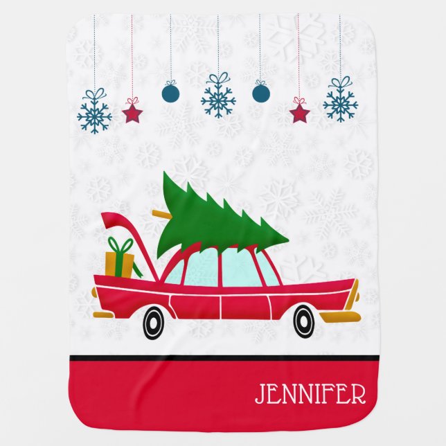 Retro Red Car Carrying a Christmas Tree Baby Blanket (Front)