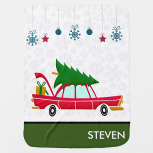 Retro Red Car Carrying a Christmas Tree Baby Blanket