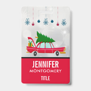Retro Red Car Carrying a Christmas Tree Badge