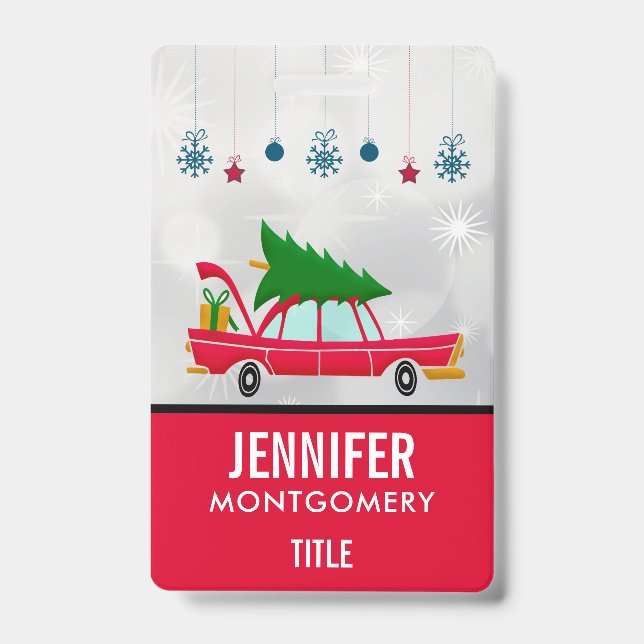 Retro Red Car Carrying a Christmas Tree Badge (Front)