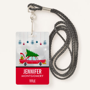 Retro Red Car Carrying a Christmas Tree Badge