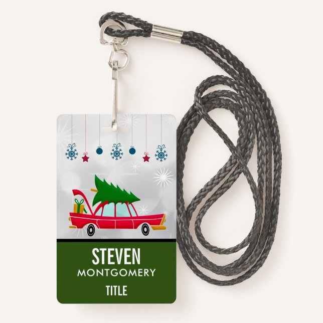 Retro Red Car Carrying a Christmas Tree Badge (Front with Lanyard)