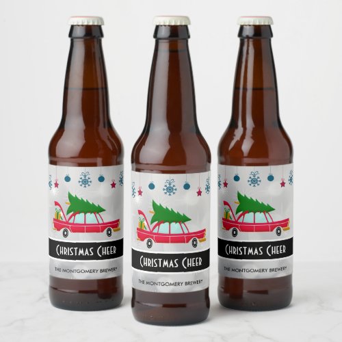 Retro Red Car Carrying a Christmas Tree Beer Bottle Label