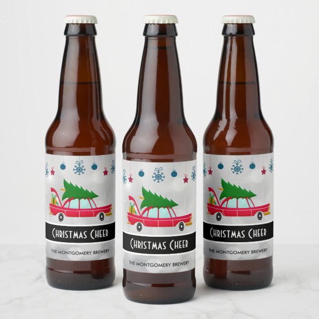 Retro Red Car Carrying a Christmas Tree Beer Bottle Label (Bottles)