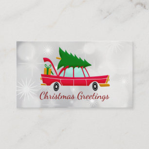 Retro Red Car Carrying a Christmas Tree Business Card