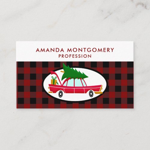 Retro Red Car Carrying a Christmas Tree Business Card