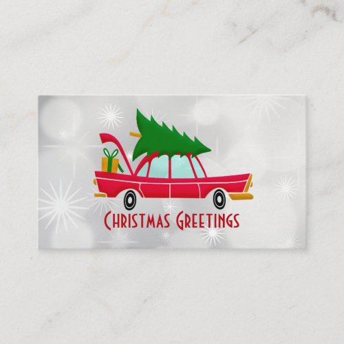 Retro Red Car Carrying a Christmas Tree Business Card
