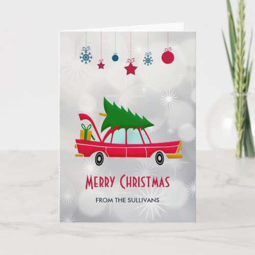 Retro Red Car Carrying a Christmas Tree Card